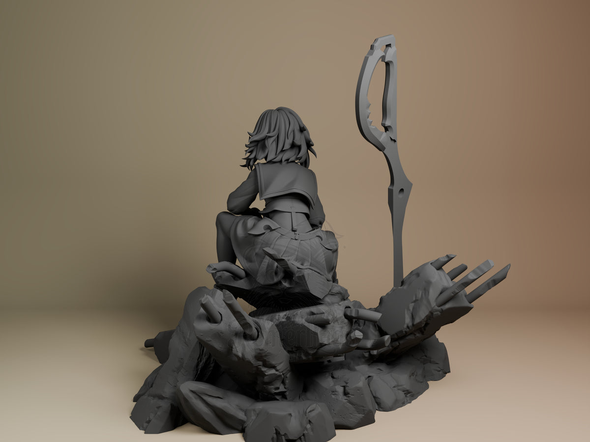 Ryuko Matoi resin figure from Kill la Kill, unpainted gray, shown from left angle seated on rocky base with Senketsu, holding scissor blade raised.