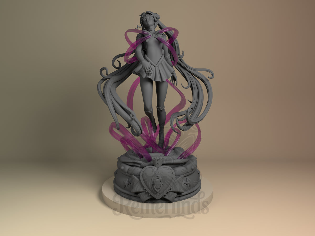 Sailor Moon Moonlight Guardian Saga 3D printed resin figure by Nomnom, unpainted front view. This 3D printed resin miniature figure of Sailor Moon features her standing in a poised and elegant pose, with detailed long hair flowing dynamically around her. She is dressed in her classic sailor uniform and knee-high boots. Translucent, ribbon-like effects swirl around her, emerging from a decorative heart- and star-adorned base, adding a magical and ethereal aura to the overall composition.