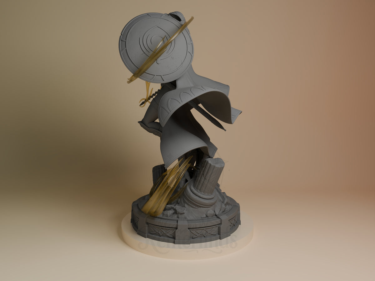Angled view shows the unpainted Divine Matron from Fire Symbol resin figure kneeling with shield and robes on a sculpted.