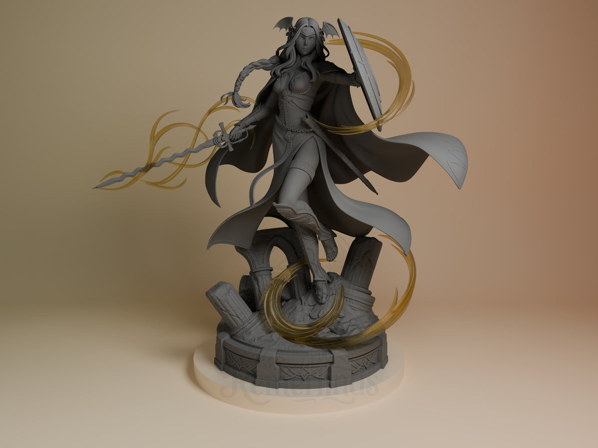 Front view shows Divine Matron from Fire Symbol, an unpainted resin figure with sword, shield, ribbons, and a sculpted base.