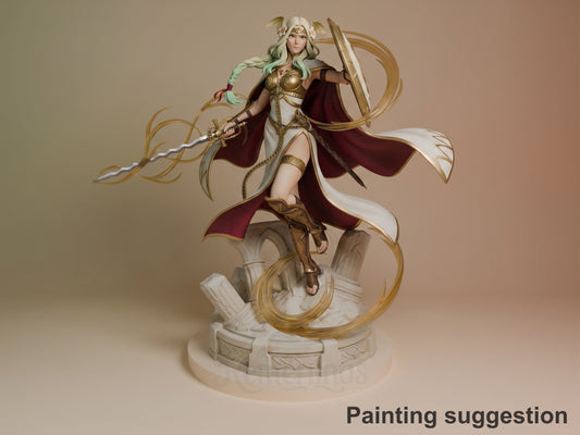 Divine Matron resin figure in gold and burgundy armor, posed dynamically on ornate base with ribbon weapon, fully painted with detailed base.