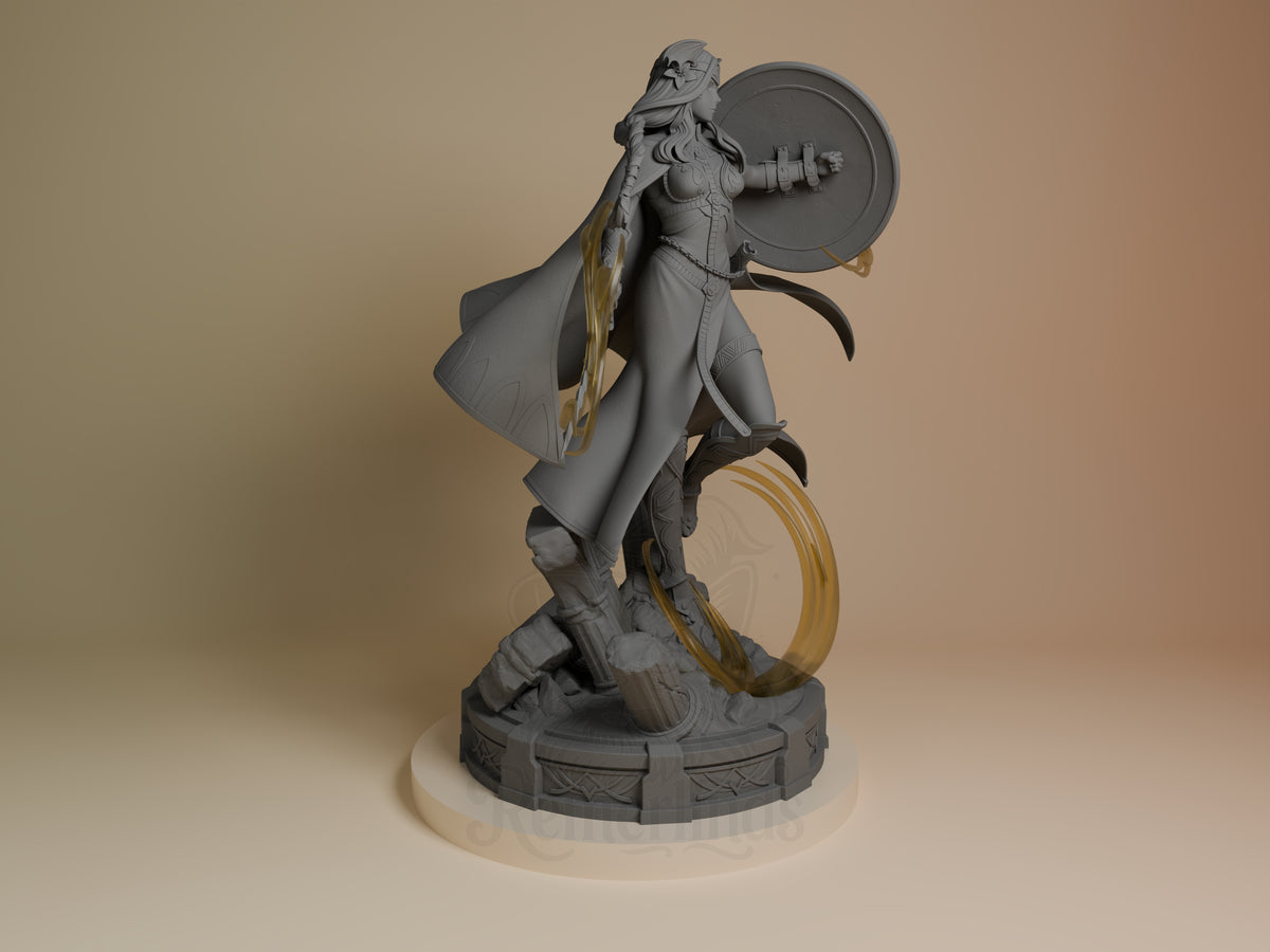Divine Matron from Fire Symbol resin figure is gray, in profile with shield and rocky base.