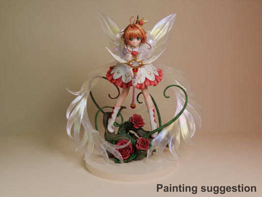 Sakura Kinomoto resin figure with painted wings, pink dress, and red hair, posed on rose-decorated base with curling vines, shown from front angle.