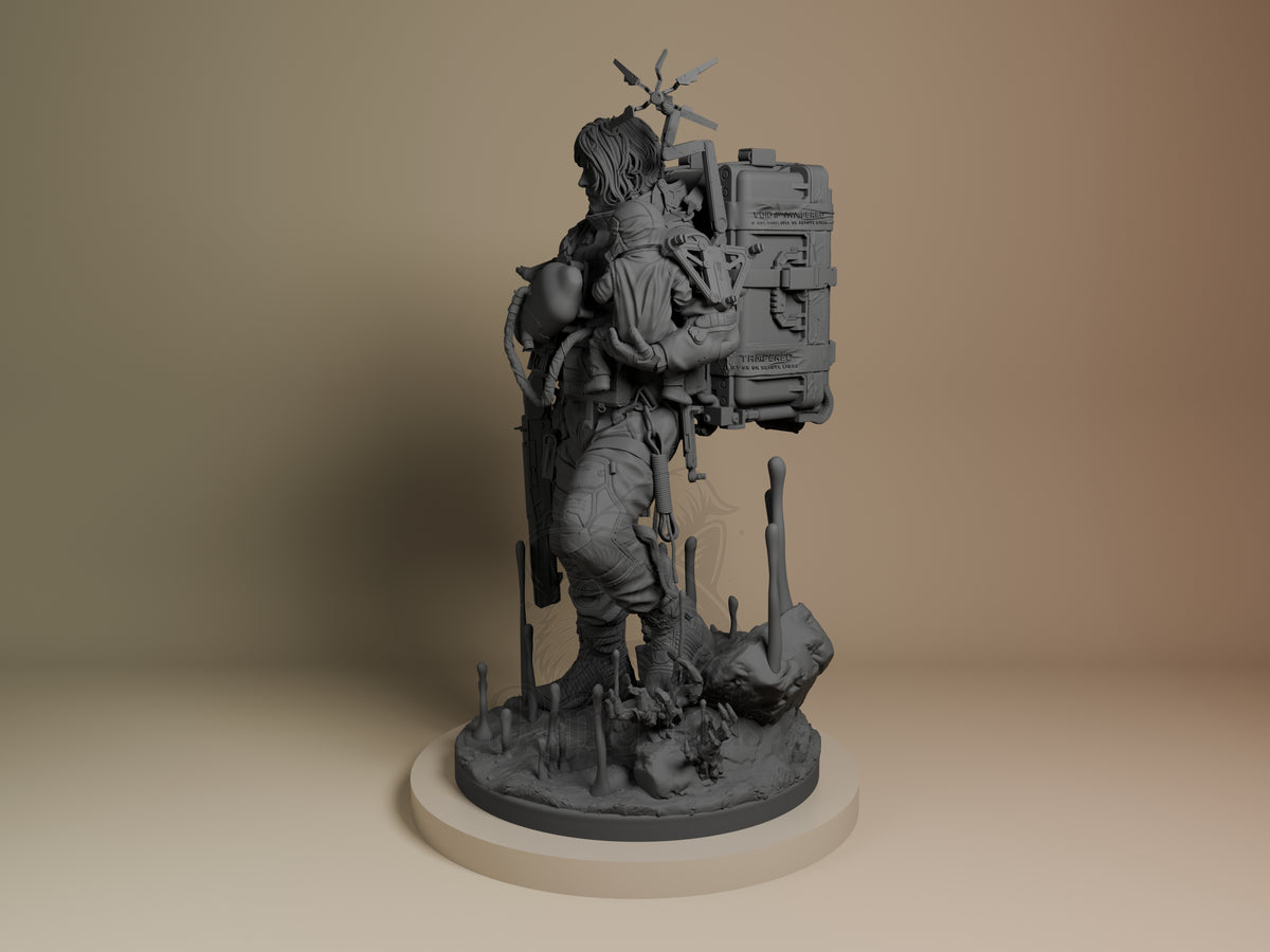 Sam from Death Stranding 3D printed resin figure shown in side angle, carrying cargo backpack with windmill, unpainted gray detail on circular base.