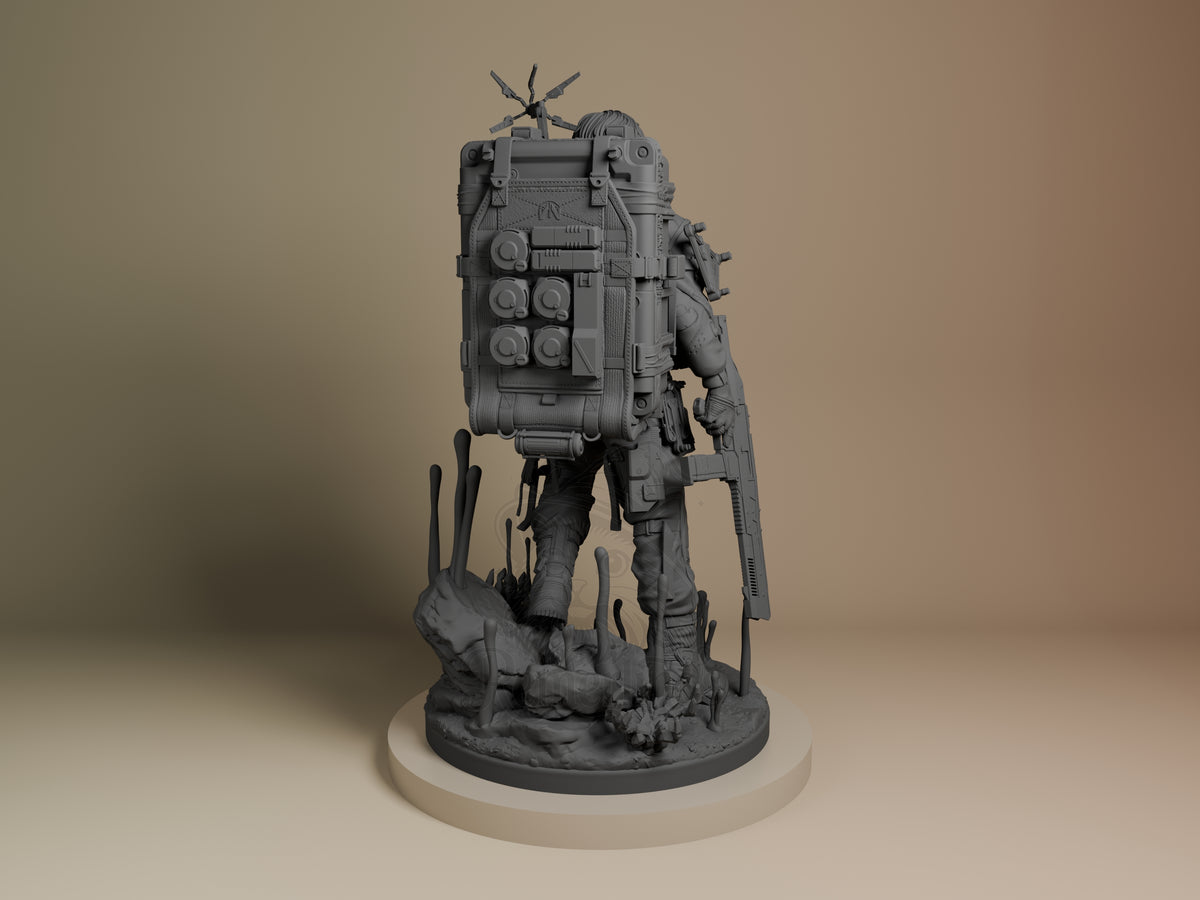 Sam from Death Stranding resin figure shown from back view, displaying detailed equipment pack and mechanical attachments, unpainted gray resin on cream base.