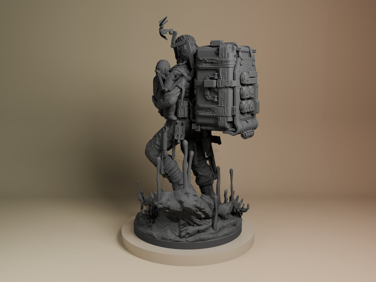 Sam from Death Stranding resin figure shown from left side, unpainted gray, holding cargo backpack with elephant hood, standing on desert base.