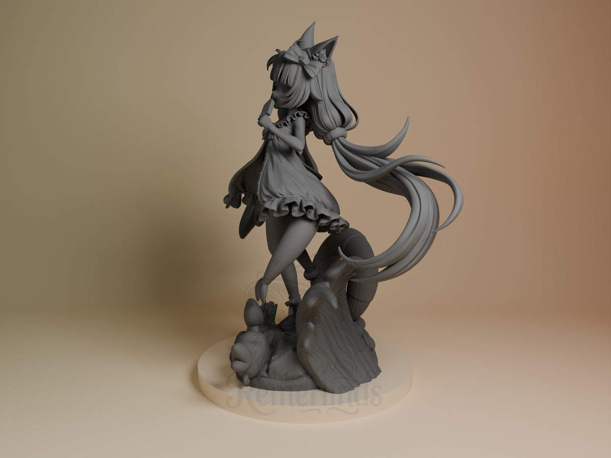 Sameko Saba from VTuber, an unpainted resin figure, stands in side pose on a sculpted base.
