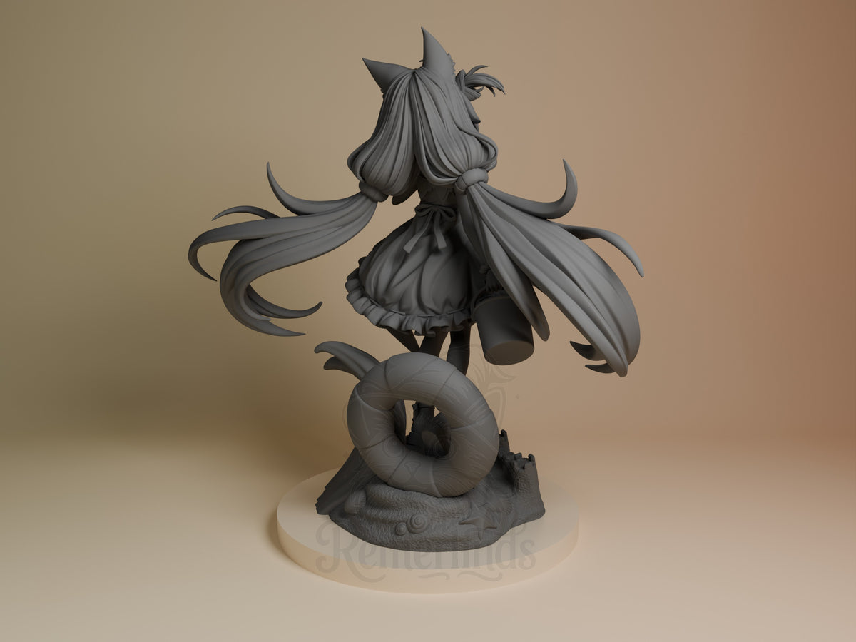 Back view of unpainted Sameko Saba from VTuber, a hovering resin figure with twin tails above a sculpted aquatic base.