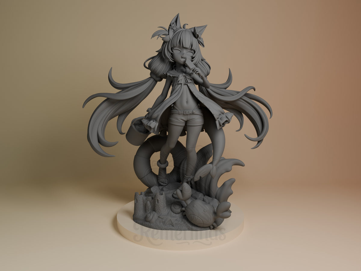 Front-view unpainted resin figure of Sameko Saba from VTuber, posed on a sculpted base.