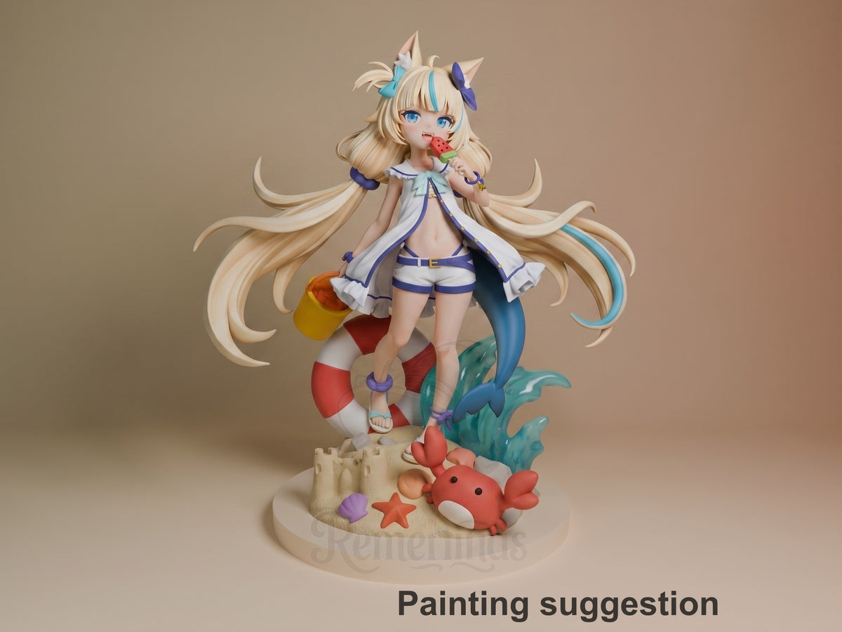 Painted Sameko Saba from VTuber resin figure stands front-facing on a beach base with a tail.