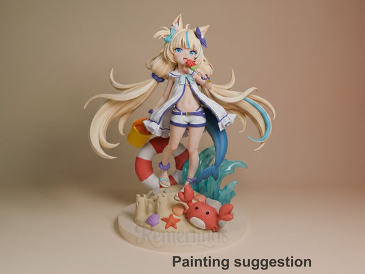 Sameko Saba VTuber resin figure painted in cream, blue, and purple, posed on beach-themed base with starfish and crab, long flowing hair with ribbons.