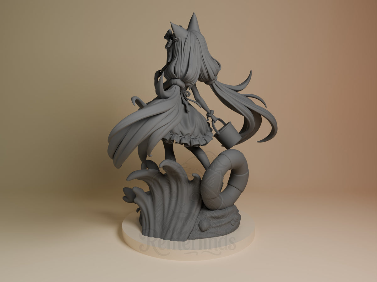 Sameko Saba from VTuber is an unpainted resin figure in rear view, holding a bucket on a sculpted base.