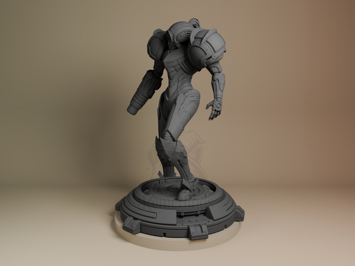 Power Suit Huntress resin figure in dynamic pose, unpainted gray, left-side angle view on circular base, Galaxy Hunter Saga collectible.