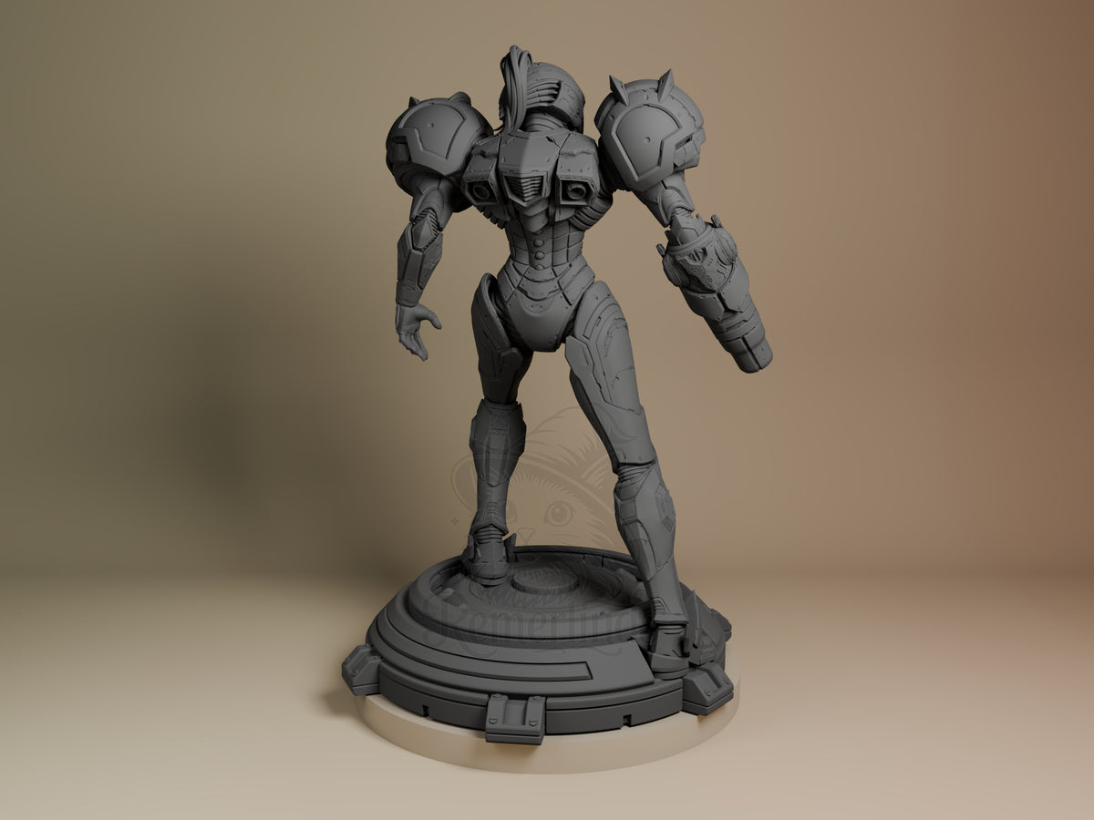 Power Suit Huntress resin figure from Galaxy Hunter Saga shown from rear angle, unpainted gray, wide-legged stance on circular base, prominent shoulder armor and weapon details visible.