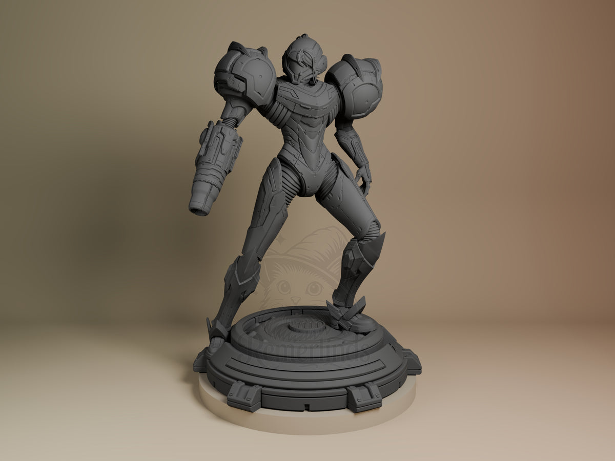 Power Suit Huntress resin figure in dynamic combat stance with dual shoulder cannons, unpainted gray finish, on circular tech base, front angle view.