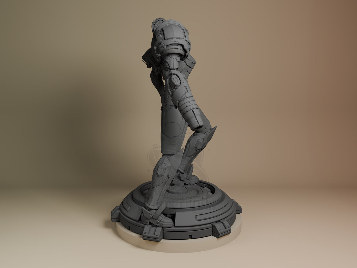 Power Suit Huntress resin figure from Galaxy Hunter Saga in right-side profile, unpainted gray, dynamic pose on circular tech base.