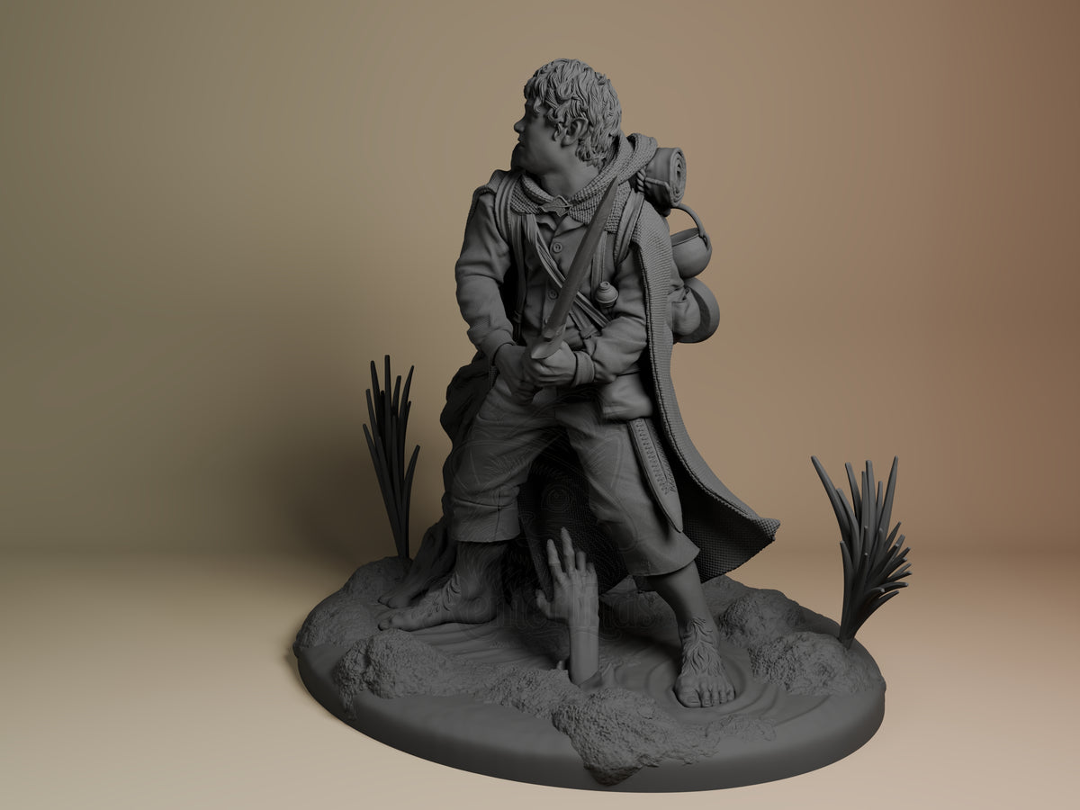 Angled unpainted resin figure of Samwise Gamgee from Lord of the Rings on a rocky base.