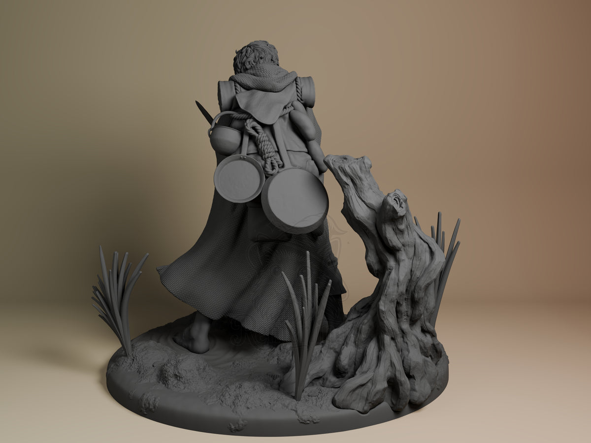 Back view of Samwise Gamgee from Lord of the Rings, unpainted resin figure on a tree base.