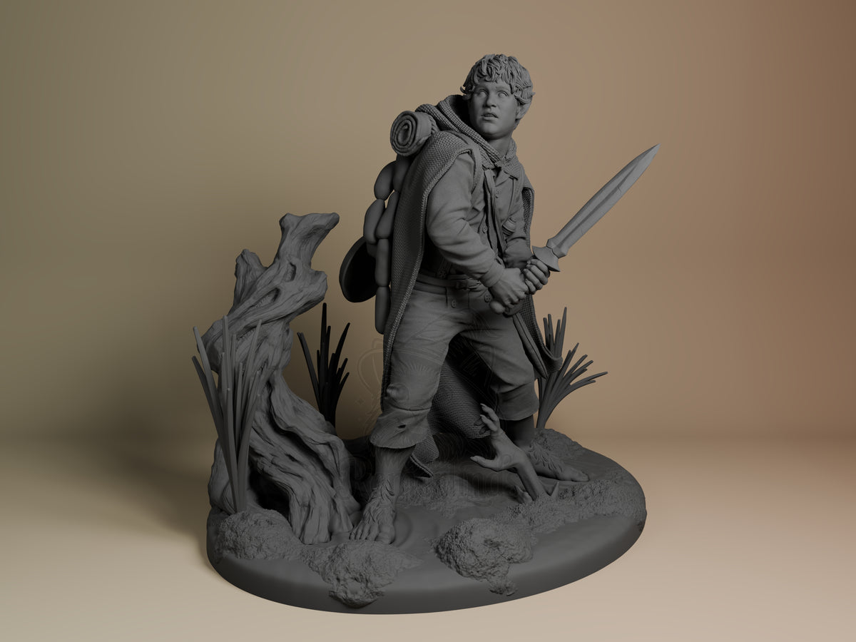 Front-angle unpainted resin figure of Samwise Gamgee from Lord of the Rings holds a sword on a tree base.