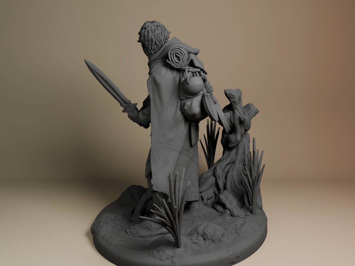 Unpainted resin figure of Samwise Gamgee from Lord of the Rings, viewed from behind with sword, pack, and tree base.