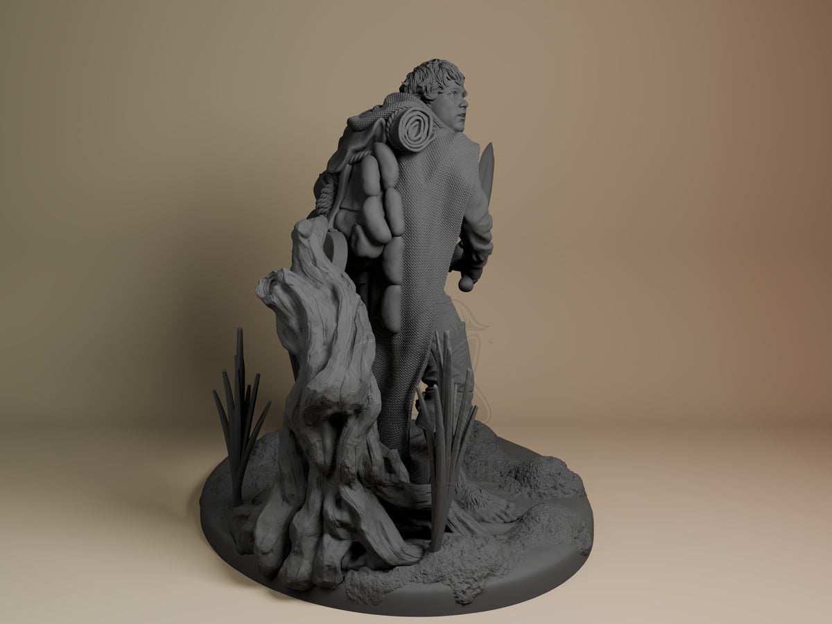 Unpainted Samwise Gamgee resin figure from Lord of the Rings faces right, with backpack and bedroll on a sculpted tree base.