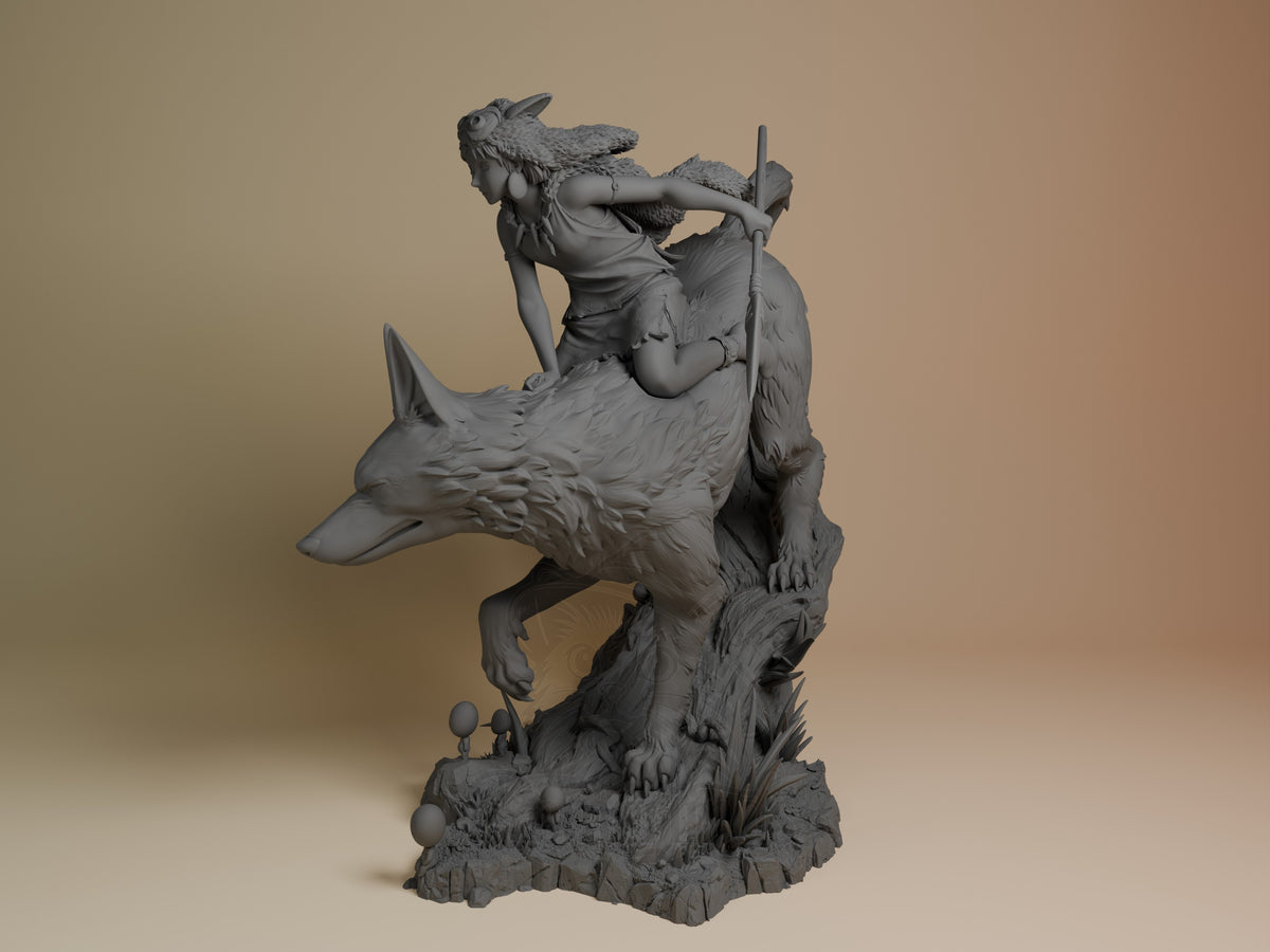 Wolfkin resin figure from Spiritwood, unpainted gray, shown at angle with child rider on wolf's back holding staff, rocky base visible.