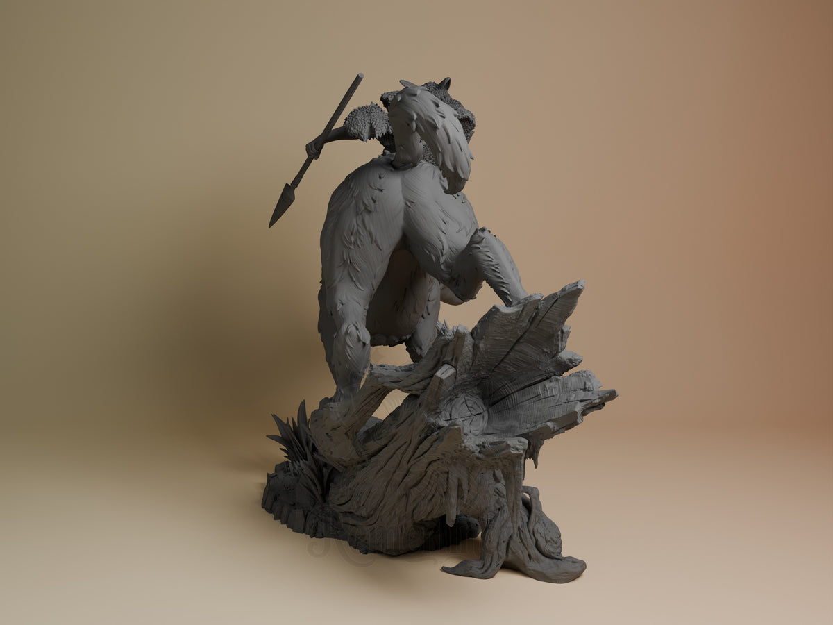 Wolfkin resin figure from Spiritwood viewed from behind, standing upright on textured base while wielding spear, unpainted gray finish.