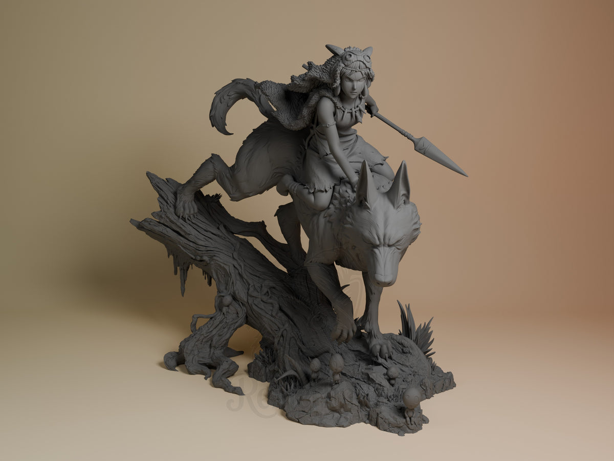 Wolfkin resin figure from Spiritwood, front view, showing warrior riding wolf-like beast with spear, unpainted gray resin on rocky base.