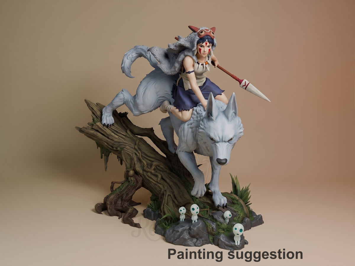 Painted resin figure of Wolfkin from Spiritwood riding a white wolf with gray spirit creature, holding spear, on mossy base with tiny spirit companions.
