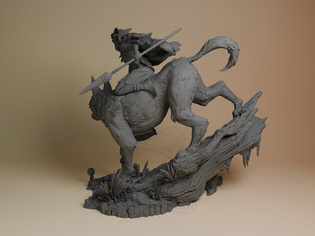 Wolfkin resin figure from Spiritwood in dynamic leaping pose with spear, unpainted gray finish, shown from left angle on textured base.