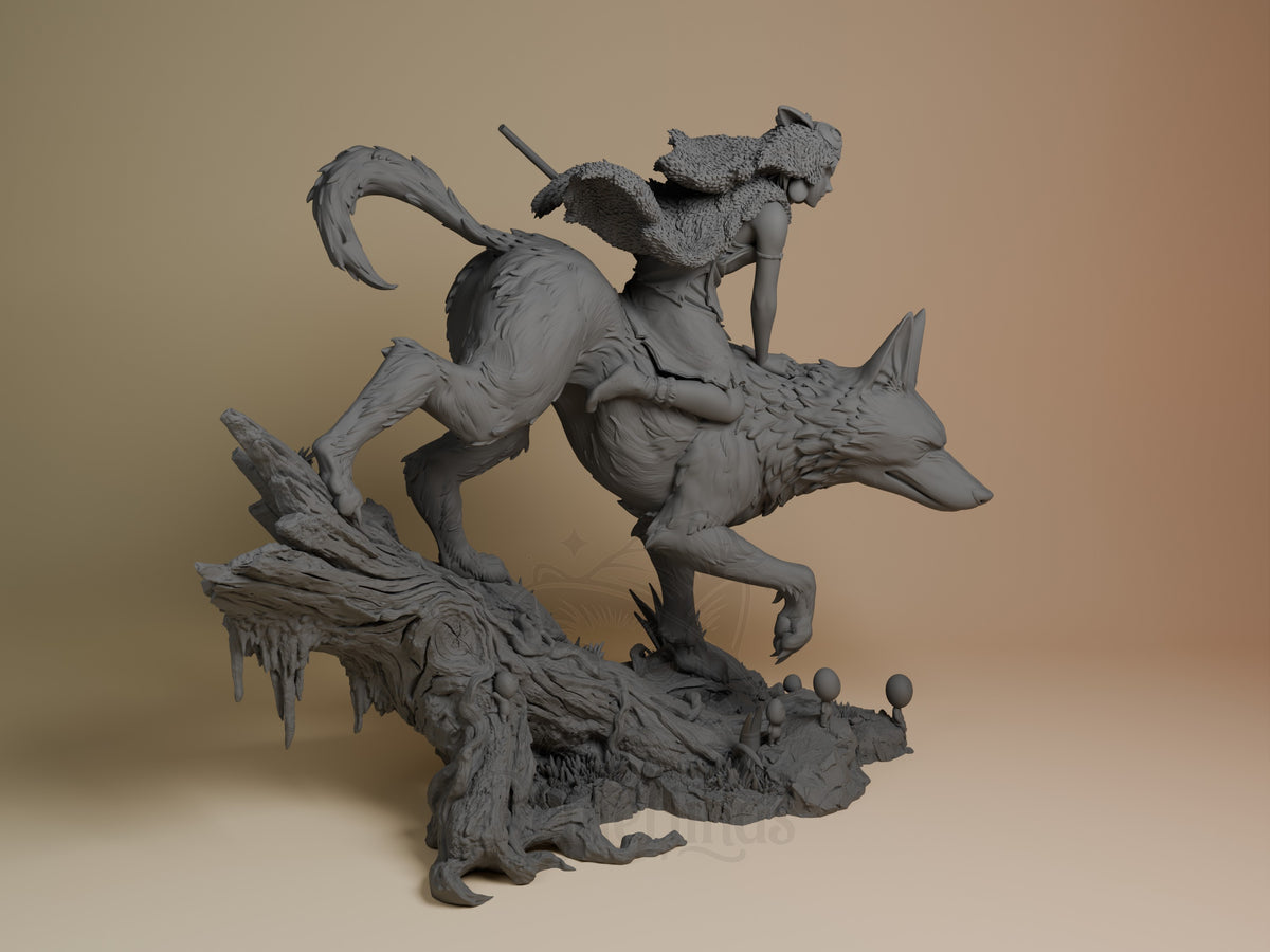 Wolfkin resin figure from Spiritwood shown from the right side in dynamic action pose on textured base, unpainted gray resin.