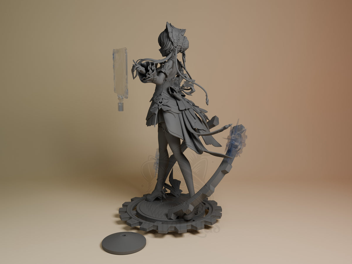 Sandrone from Genshin Impact is an unpainted resin figure in rear view, posed beside a sculpted base.