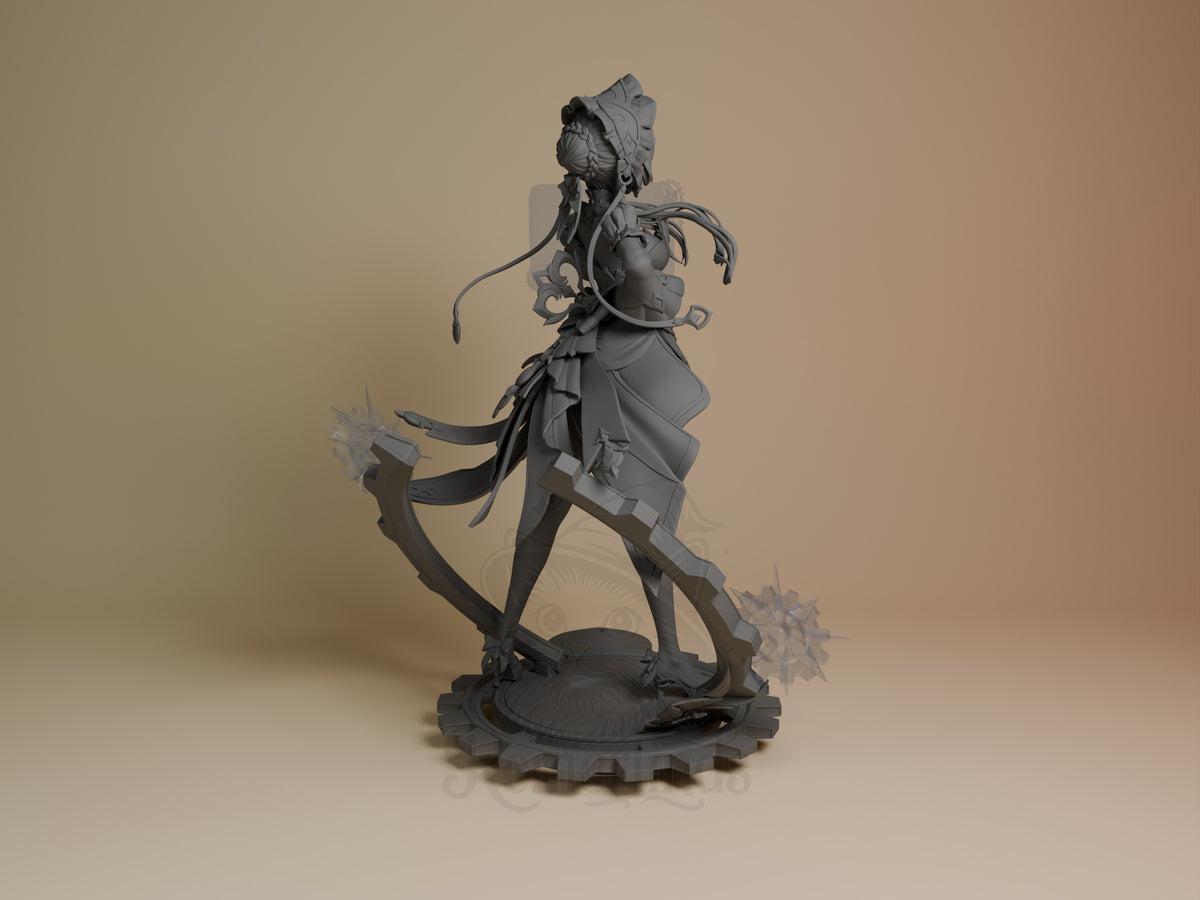 Back view of unpainted Sandrone from Genshin Impact resin figure with cables and gear base.