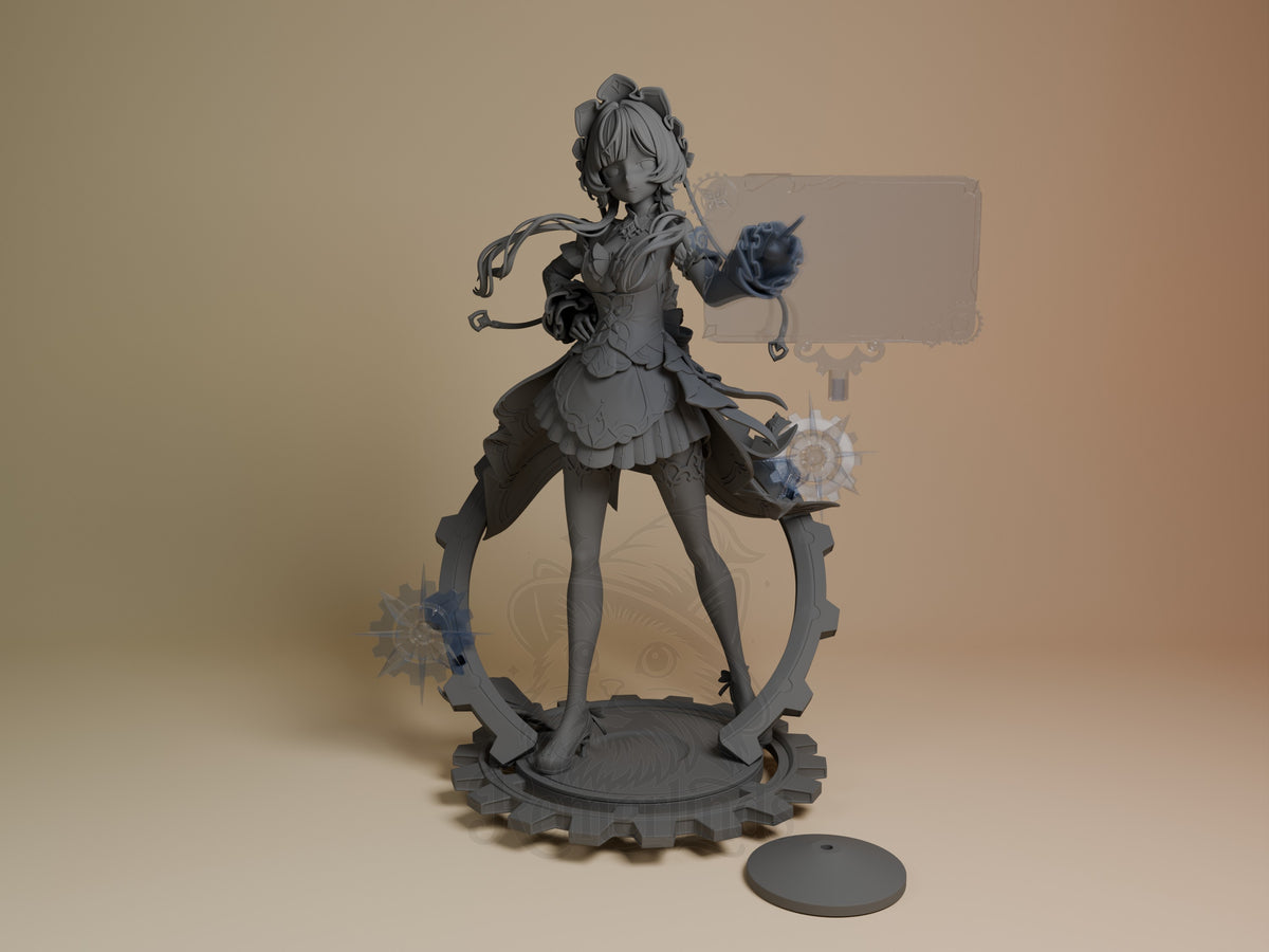 Front view of Sandrone from Genshin Impact, an unpainted resin figure with a raised arm and gear-shaped base.