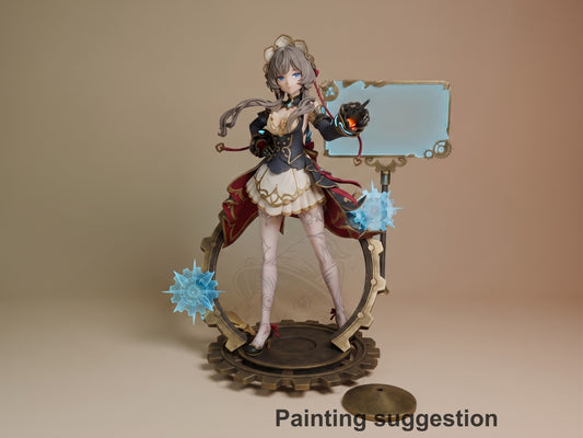 Painted Sandrone from Genshin Impact stands front-facing on a gear-shaped sculpted base as a resin figure.