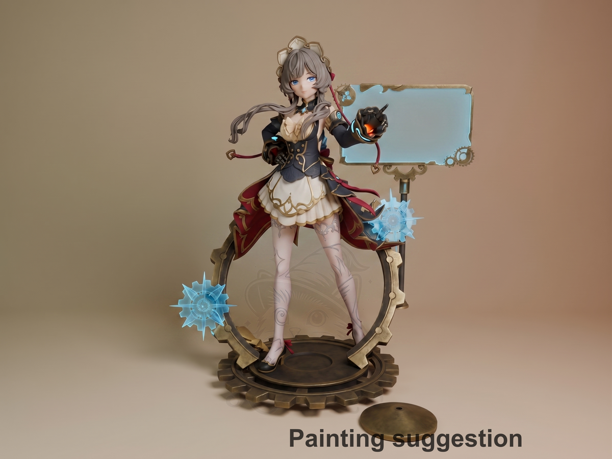 Painted Sandrone from Genshin Impact resin figure stands front-facing on an ornate gear base.