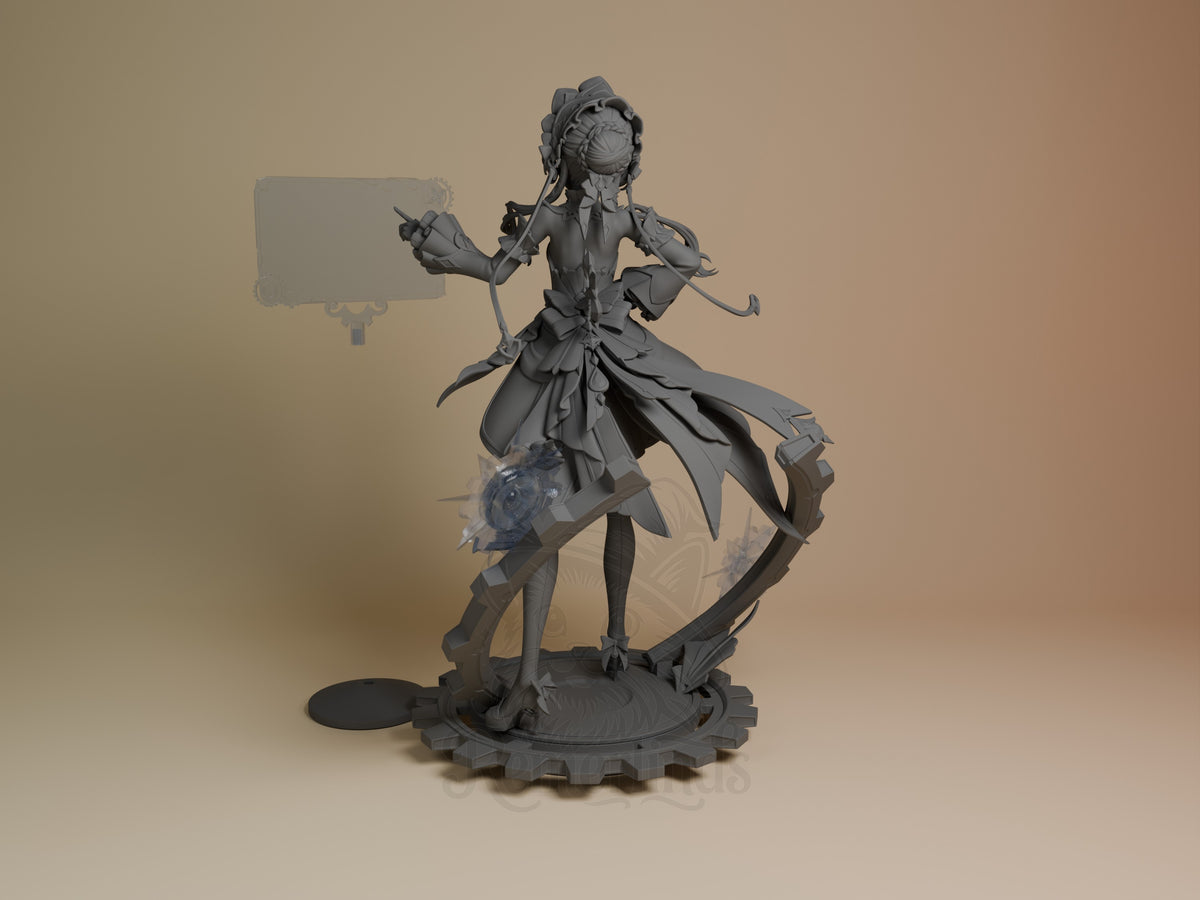 Sandrone from Genshin Impact is an unpainted resin figure, front-facing on a sculpted base.