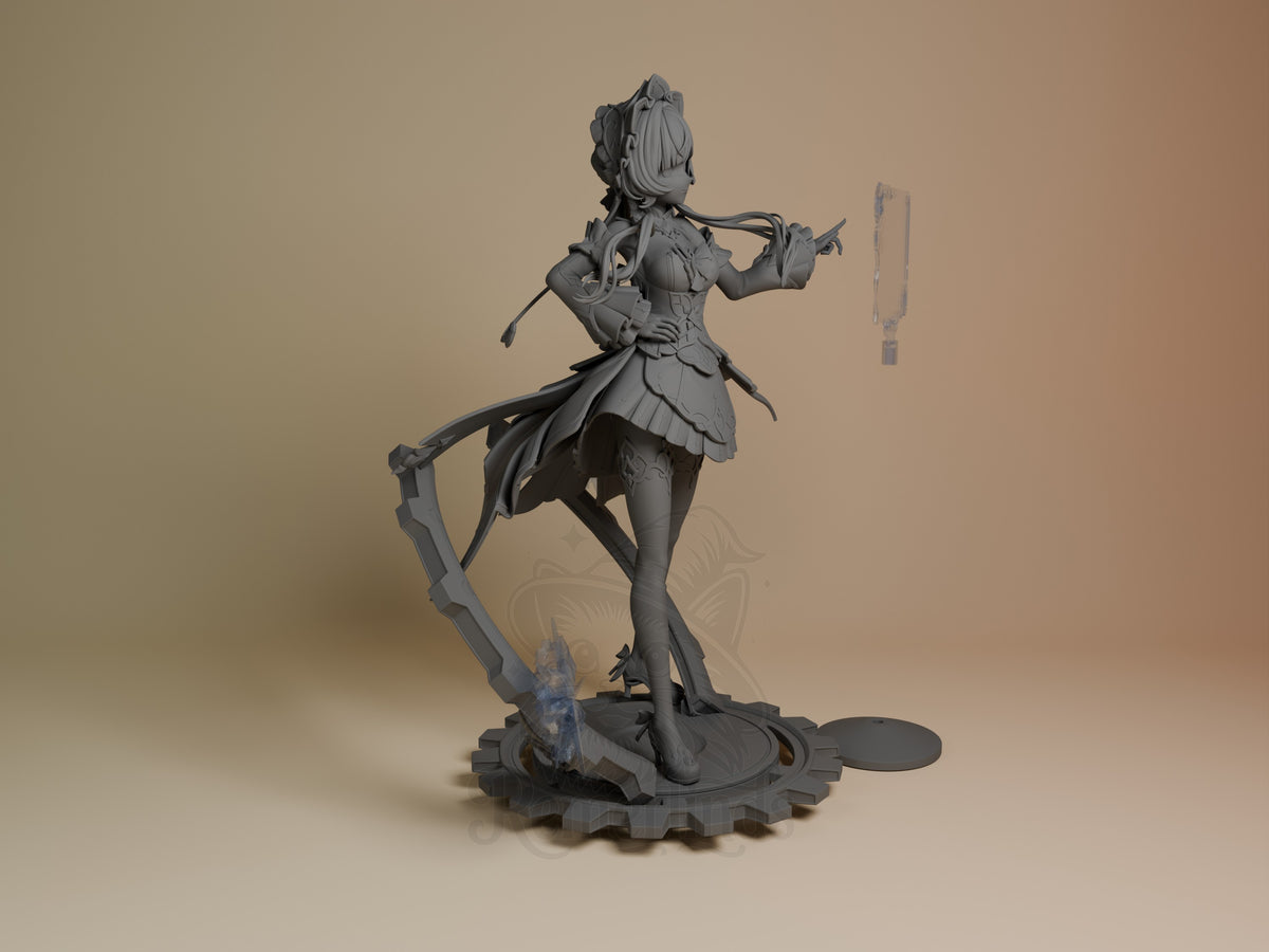 Unpainted Sandrone from Genshin Impact resin figure faces right with a scythe on a gear base.