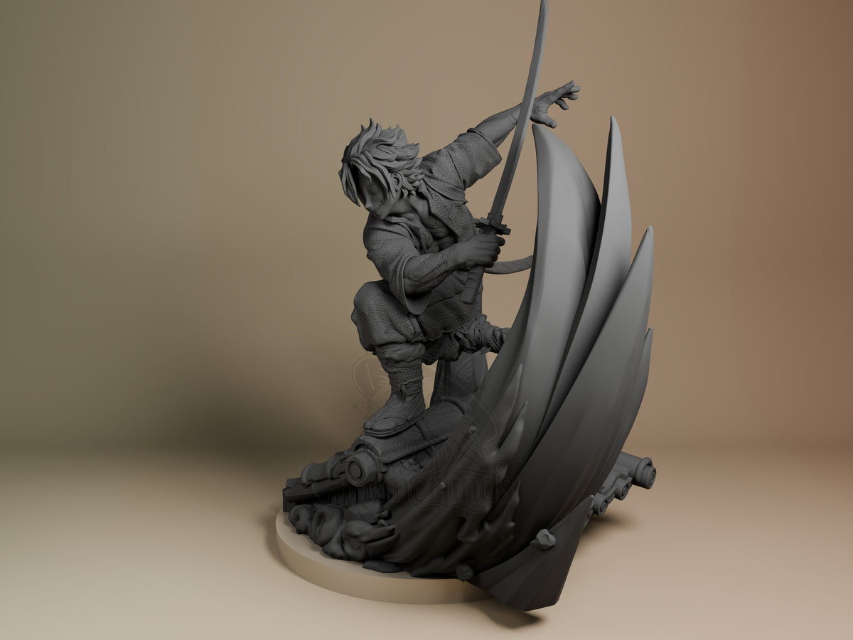 Sanemi from Demon Slayer is an unpainted resin figure shown at an angle, crouching with sword on a sculpted base.