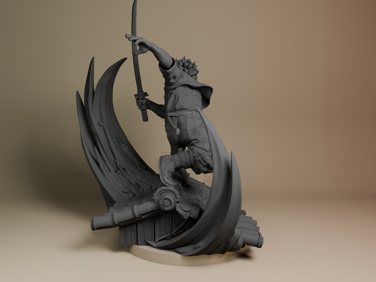 Rear view shows Sanemi from Demon Slayer, an unpainted resin figure with sword on sculpted base.