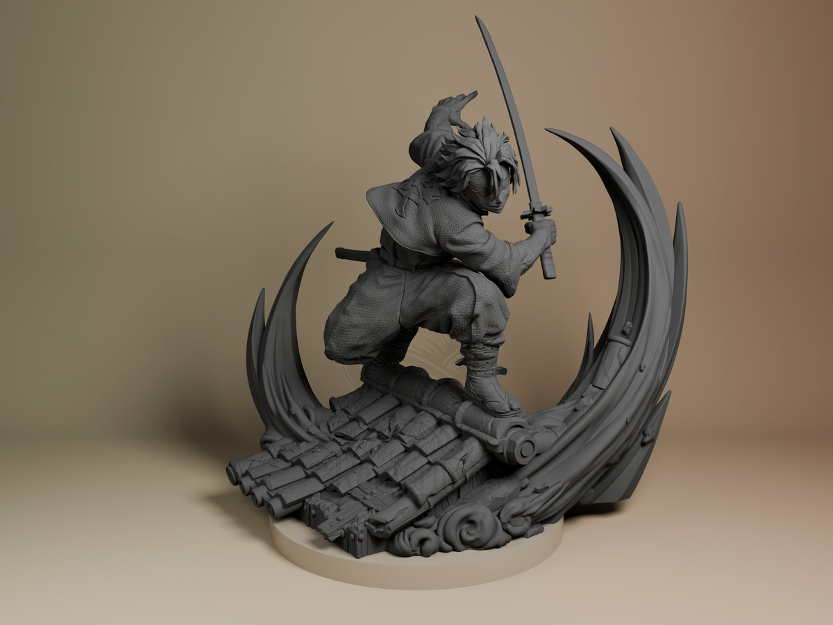 Sanemi from Demon Slayer, an unpainted resin figure, crouches with sword on a sculpted base.
