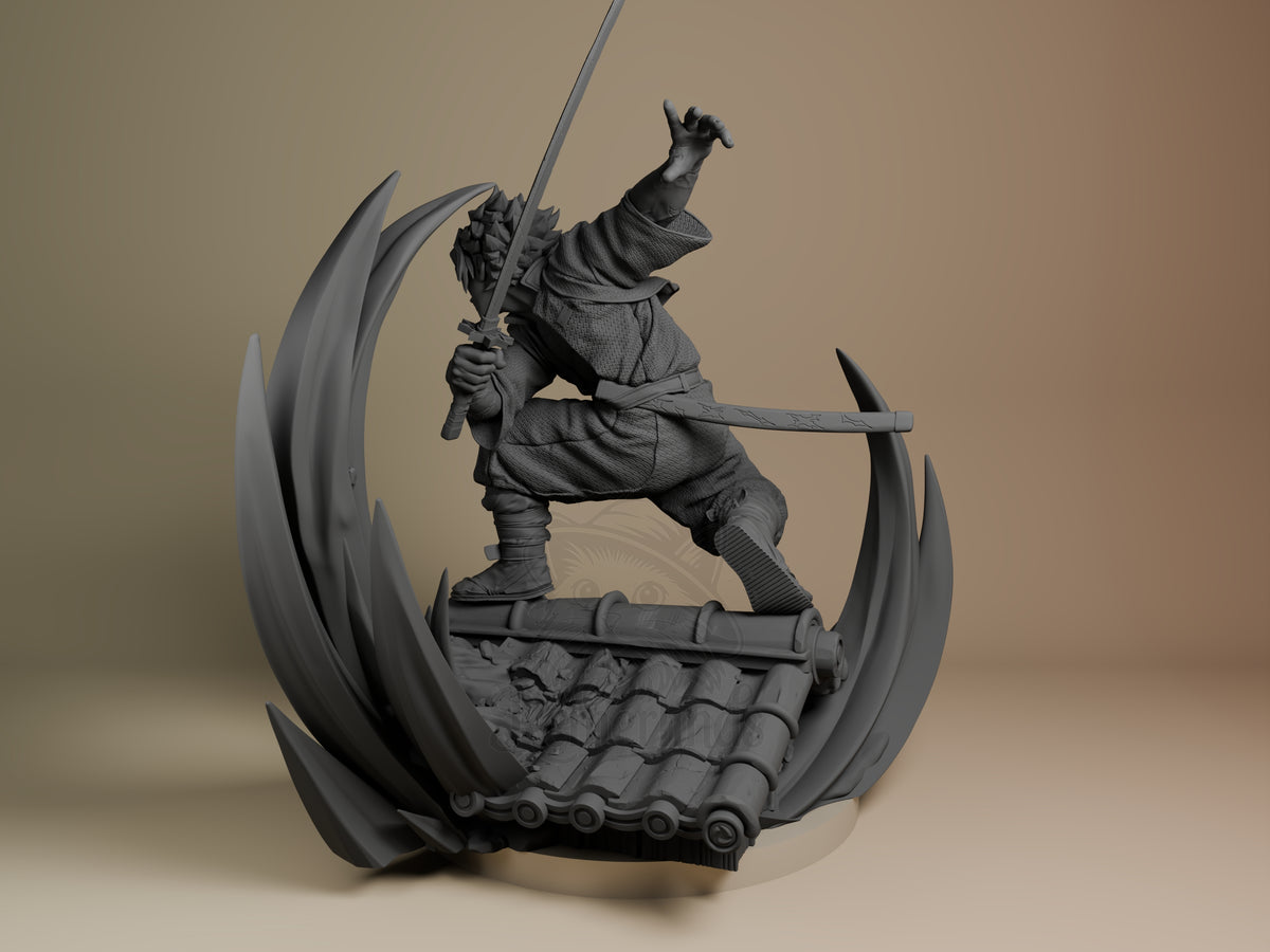 Sanemi from Demon Slayer is a gray, crouching resin figure with a sword on a sculpted base.