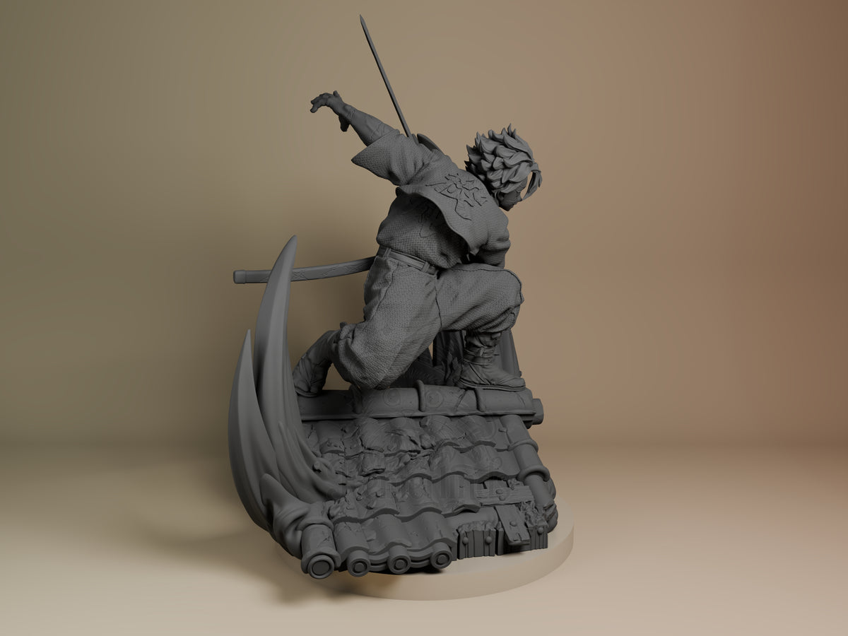 Right-side view shows unpainted Sanemi from Demon Slayer crouching as a resin figure on sculpted base.