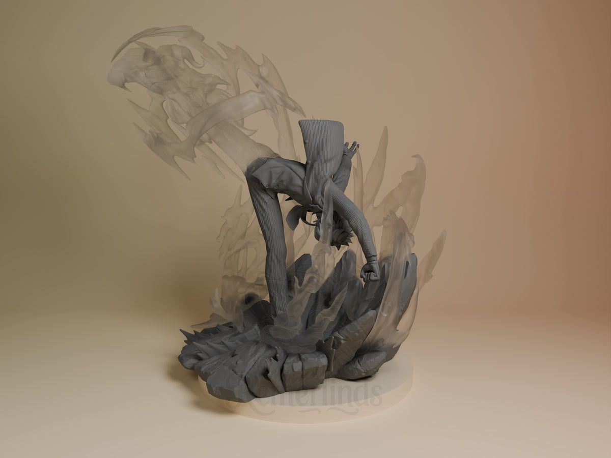 Sanji resin figure from One Piece in dynamic kicking pose, showing unpainted gray resin detail with textured base, photographed from angled side view.