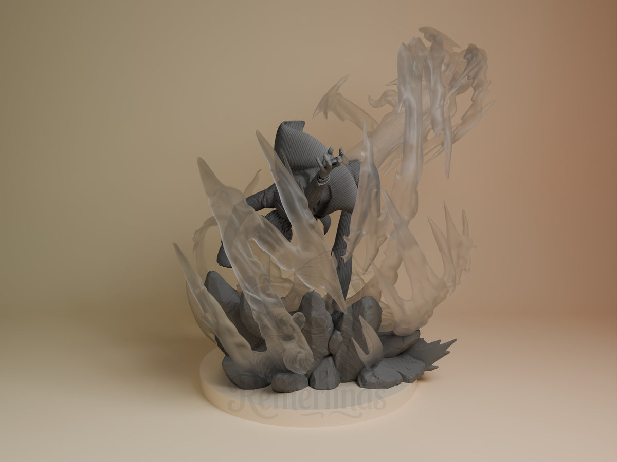 Sanji resin figure shown from back view, mid-action pose among translucent crystal formations, dark painted torso with textured base.