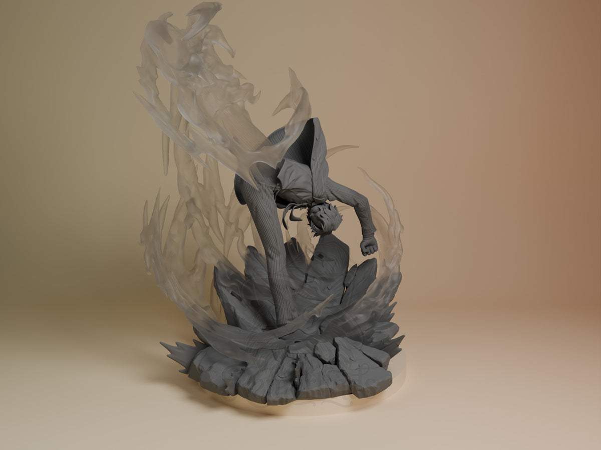 Sanji resin figure from One Piece shown front-facing on rocky base, mid-action pose with dynamic clothing detail, painted torso and unpainted upper section.