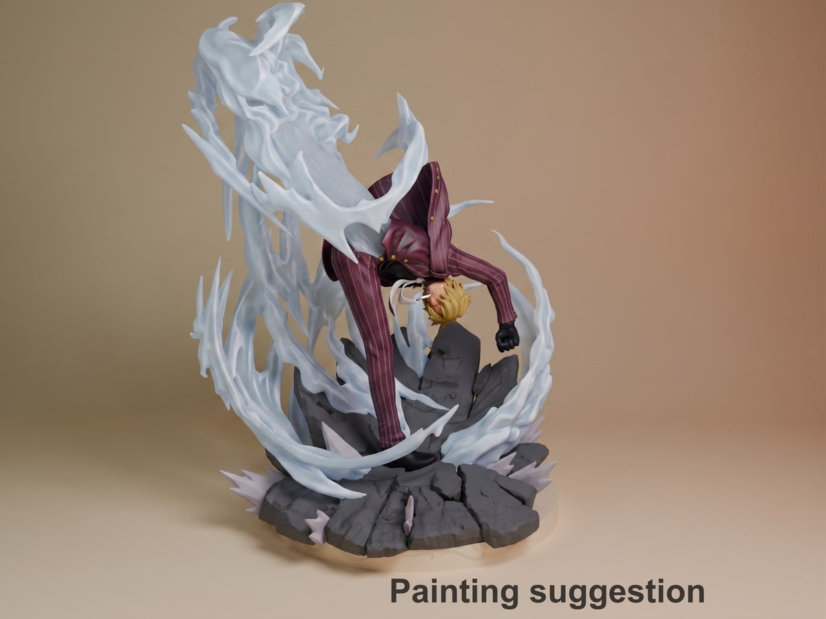 Sanji resin figure mid-action pose in burgundy suit against white energy effects, mounted on grey rocky base, painted example shown.
