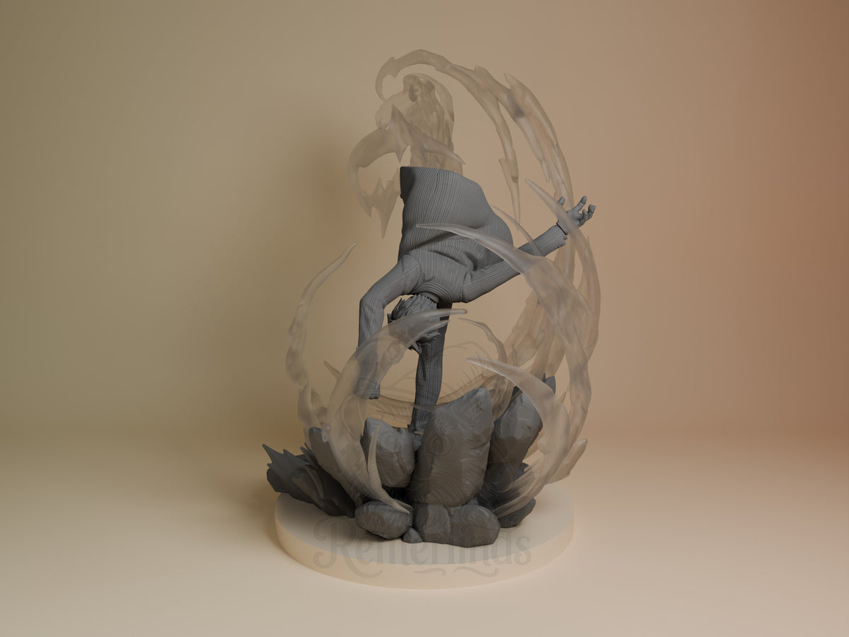 Sanji resin figure from One Piece, unpainted, shown from left angle mid-climb pose against large creature base, detailed texturing visible.