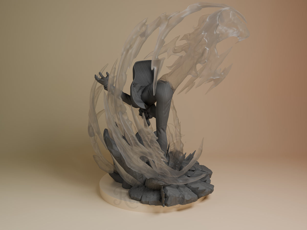 Sanji resin figure from One Piece shown from right angle, mid-action pose with dynamic wind effects, dark painted torso against translucent swirling base and backdrop.