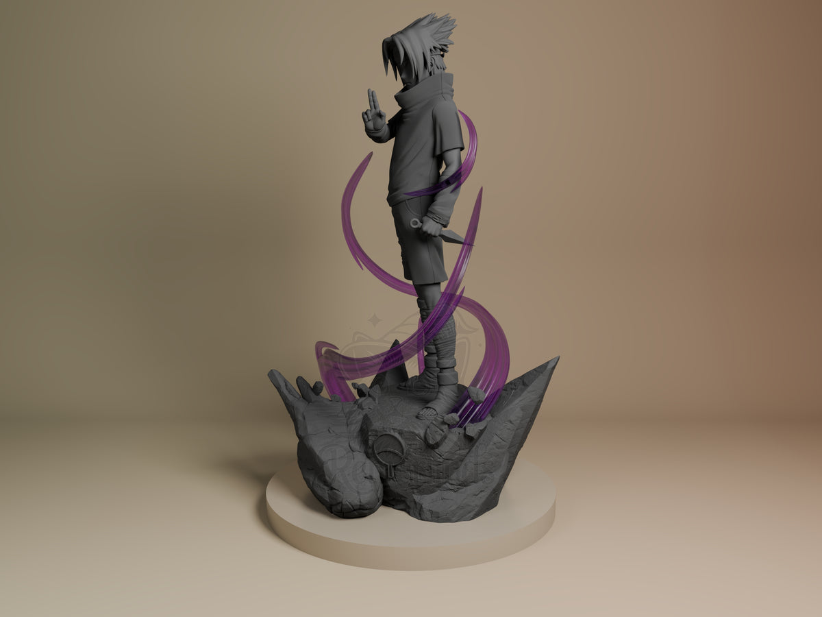 Brooding Ninja from Naruto resin figure angles right; unpainted gray parts and purple ribbons sit on a rocky base.